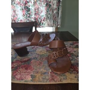 Tory Burch Sz 7.5 Brown Burnt Cuoio Tiny Miller Toe Ring Sandals 2.5" Block Heel